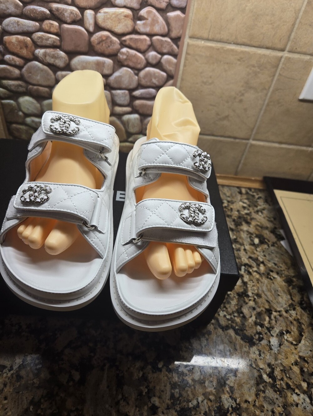 CHANEL White Quilted Double-Strap Slide Sandals with Silver CC Logos